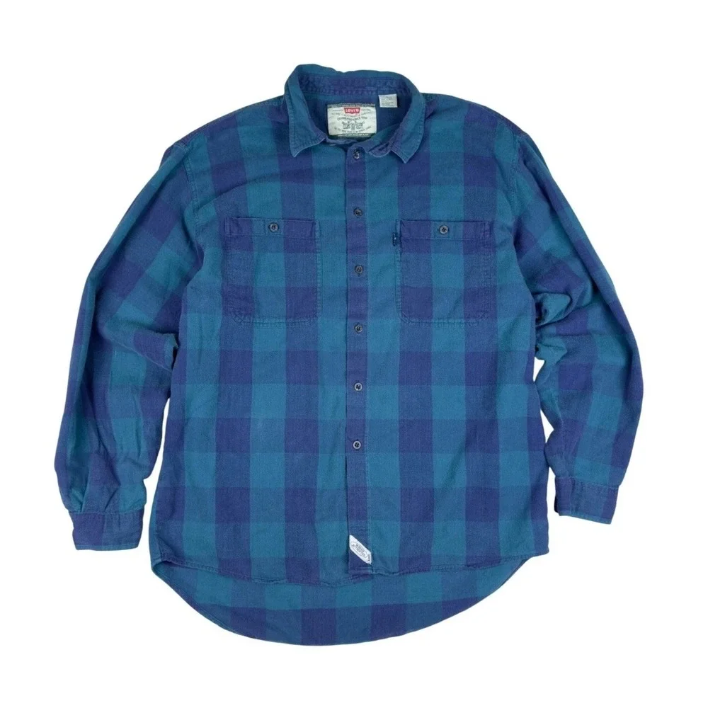 Vtg 90s Levi's Modern Authentics Flannel Shirt Men's L Blue Green Plaid